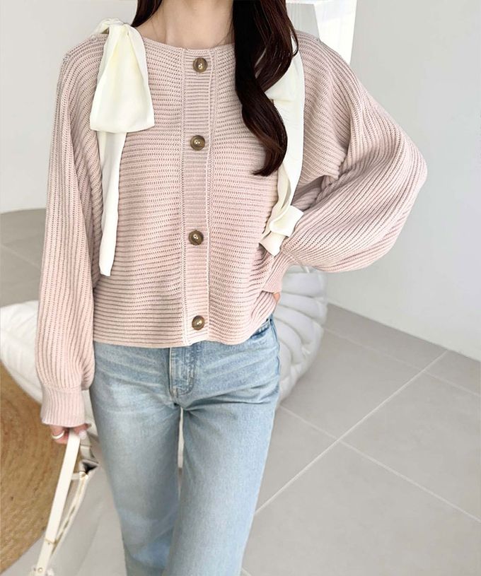 日本 Classical Elf - mily bilet 露肩甜美大蝴蝶結羅紋開襟衫-藕粉