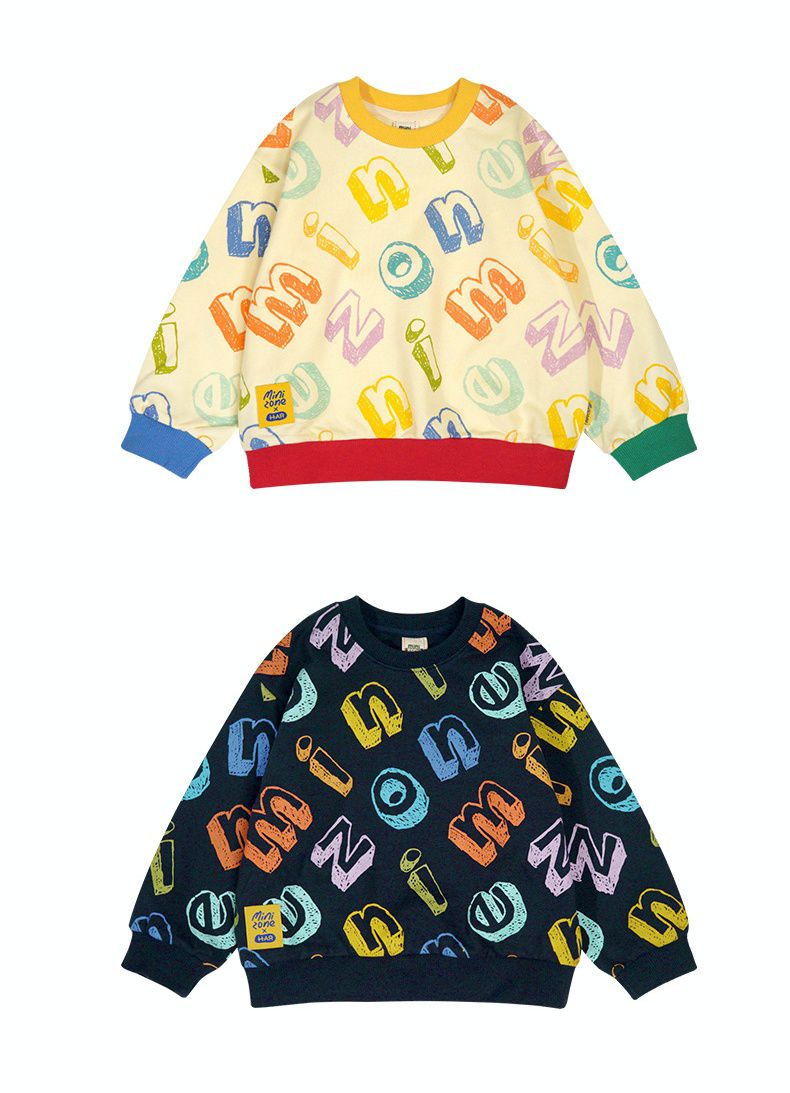 Minizone - 圓領長袖上衣-蠟筆字母-深藍色