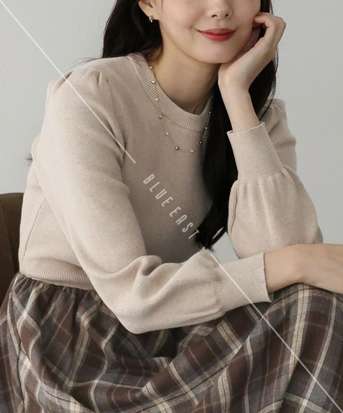 日本 BLUE EAST - 美型修身小澎袖針織長袖洋裝-格紋拼接-黑灰