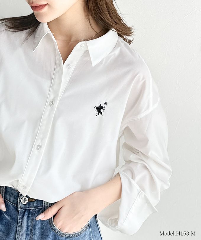 日本 Classical Elf - 前短後長知性寬版長袖襯衫-logo刺繡-藍白條紋