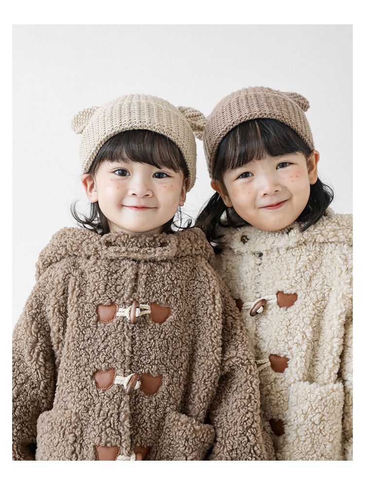 TONGMO - 立體造型羊羔絨牛角釦連帽外套-熊耳朵-米色