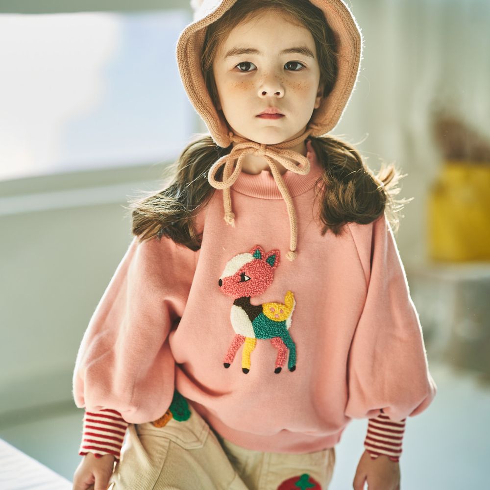 韓國 Mimico - (裏起毛)彩色花鹿泡泡袖上衣-粉紅