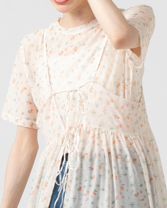 日本 gleam - 浪漫小花透膚薄紗短袖上衣-黑