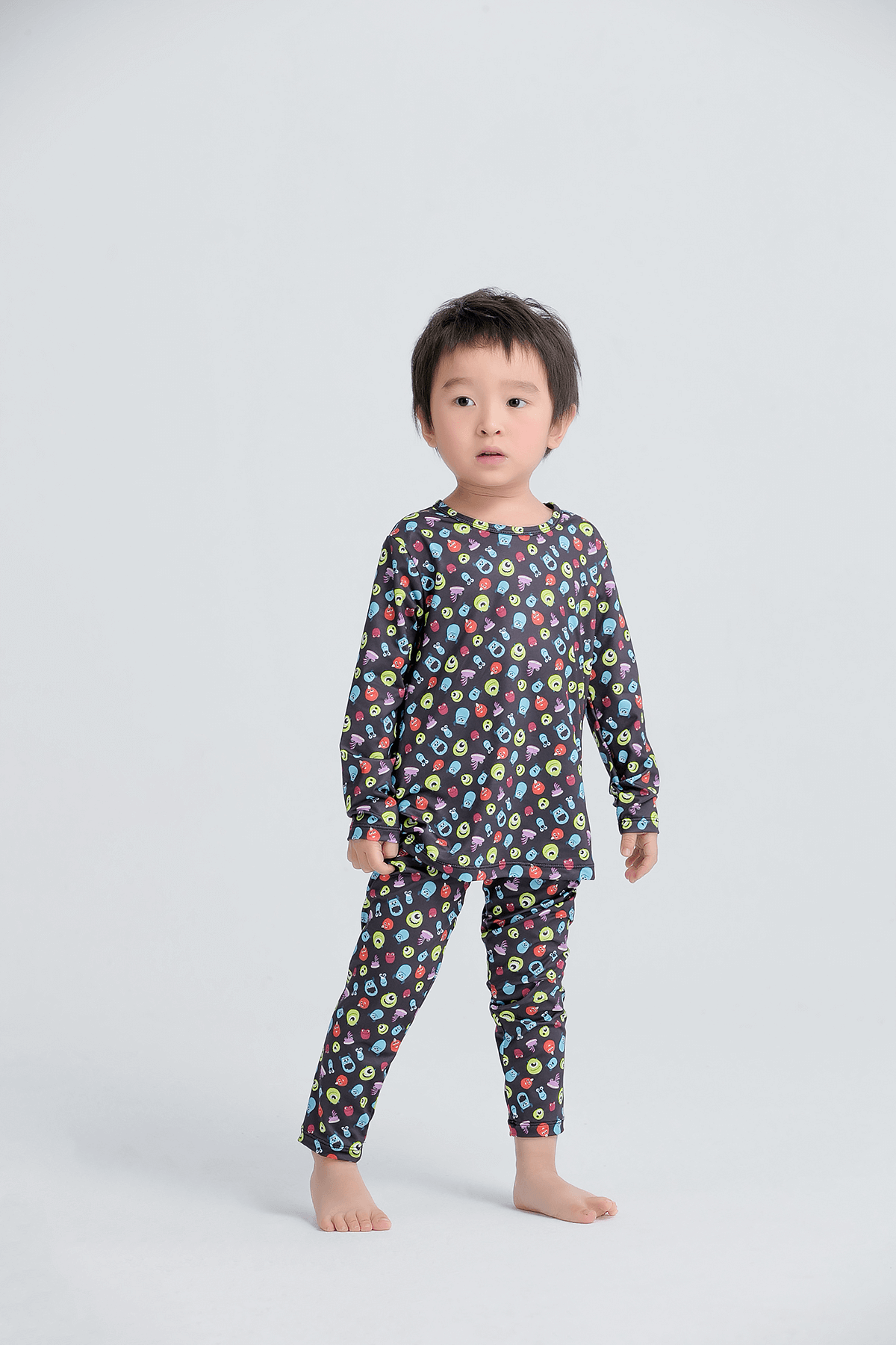 WIWI - 繽紛怪獸電力溫灸刷毛圓領發熱衣-童-經典黑