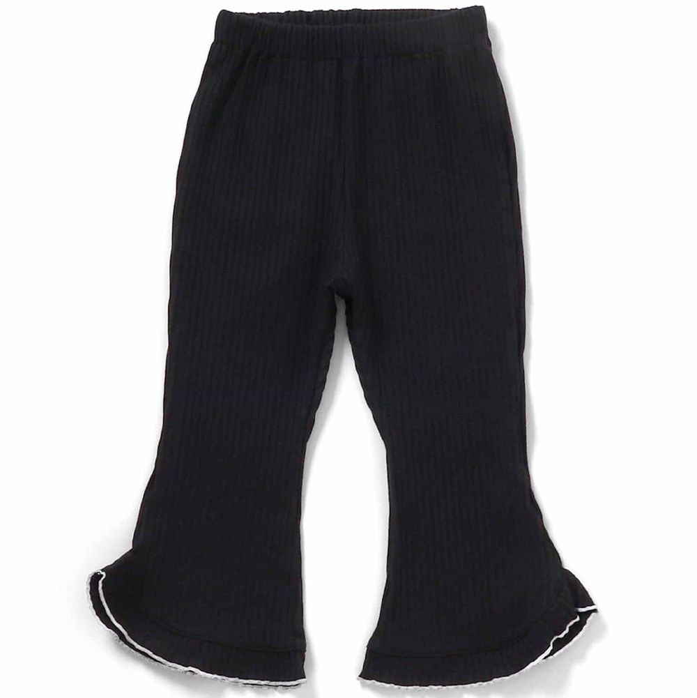 可愛荷葉羅紋合身喇叭褲-素色-黑