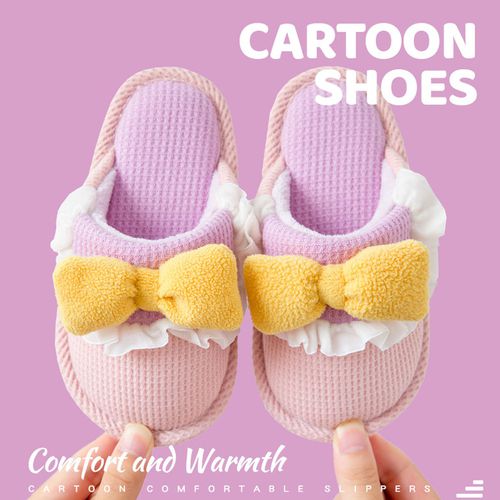 兒童鬆餅格紋保暖室內拖鞋-蝴蝶結款-粉色