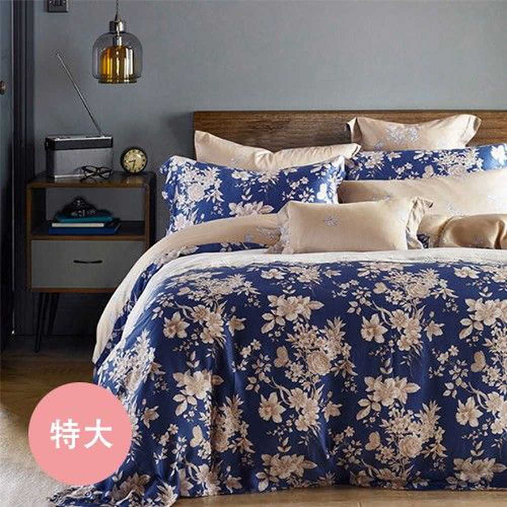 Pure One - 天絲系列．TENCEL寢具組-藍色花漾-特大四件式床包鋪棉被套組