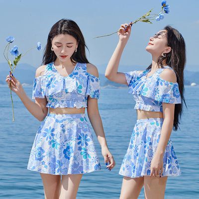 小清新高腰防走光露肩泳衣套裝-滿版花花-藍色