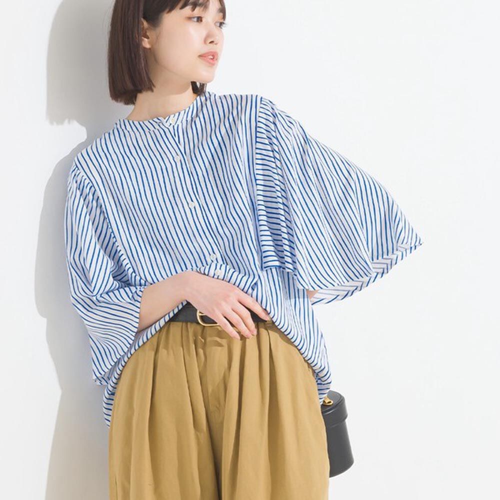 日本 OMNES - 純棉嫘縈 優雅喇叭袖襯衫-水藍條紋