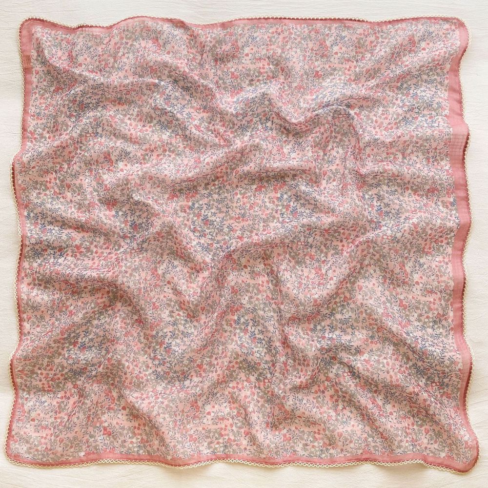 法式棉麻披肩方巾-清新小碎花-粉紅色 (90x90cm)