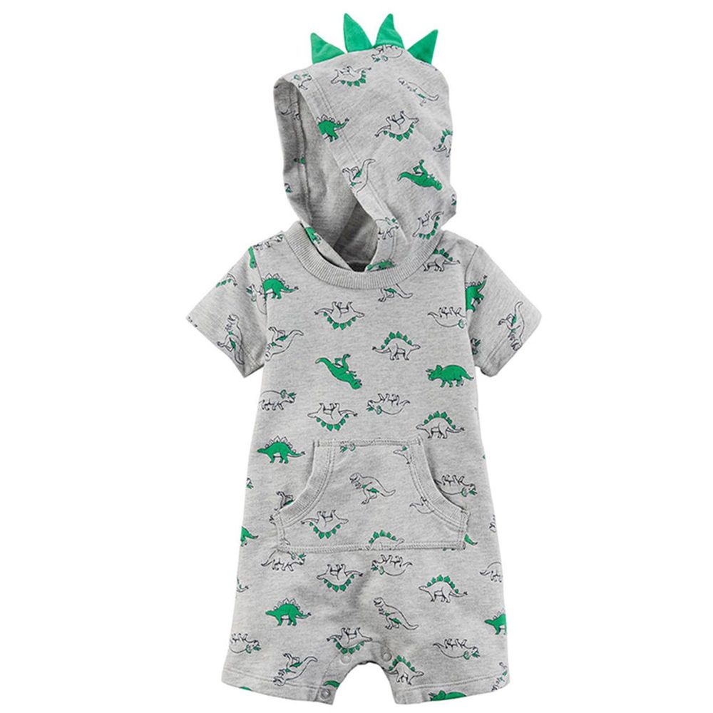 美國 Carter's - 嬰幼兒短袖連帽連身衣-灰底綠恐龍