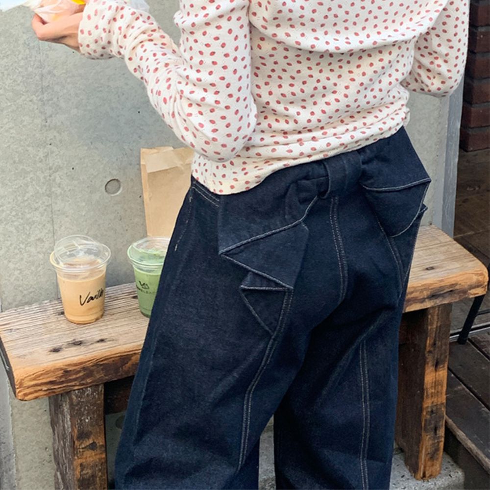 後腰俏皮蝴蝶結丹寧褲-靛藍