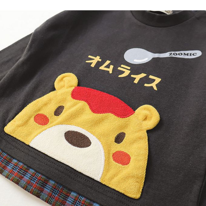 日本 ZOOLAND - 俏皮印花格紋拼接長袖上衣-療癒咖哩飯-酒紅