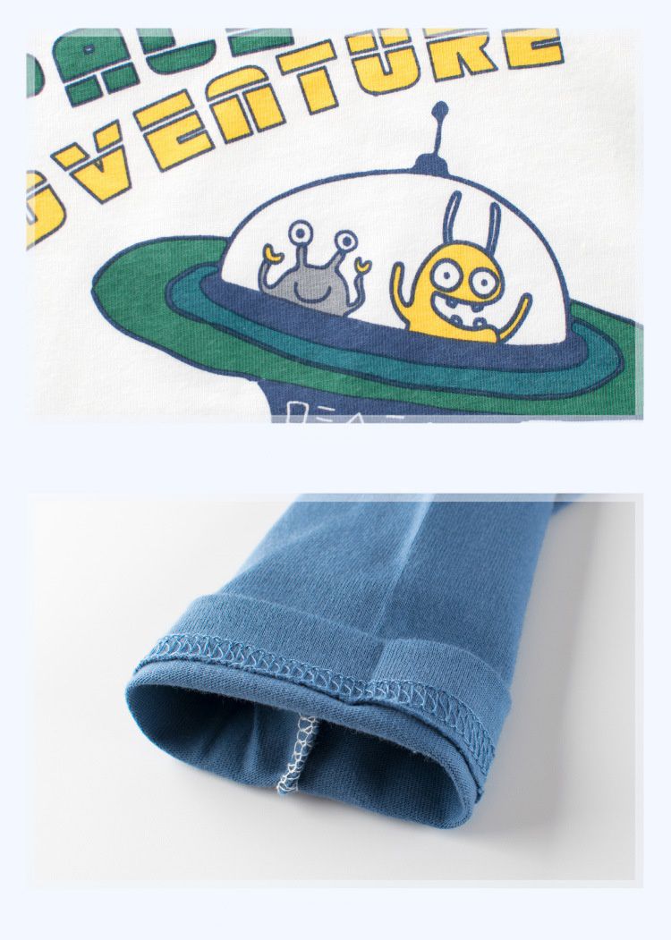 純棉長袖上衣-外星怪獸飛碟-白+藍