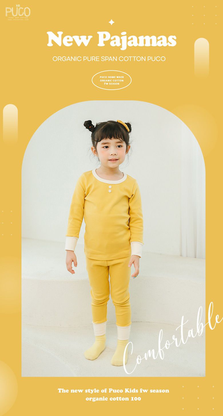 韓國 Puco - 30支有機棉彈力長袖家居服-芥末黃