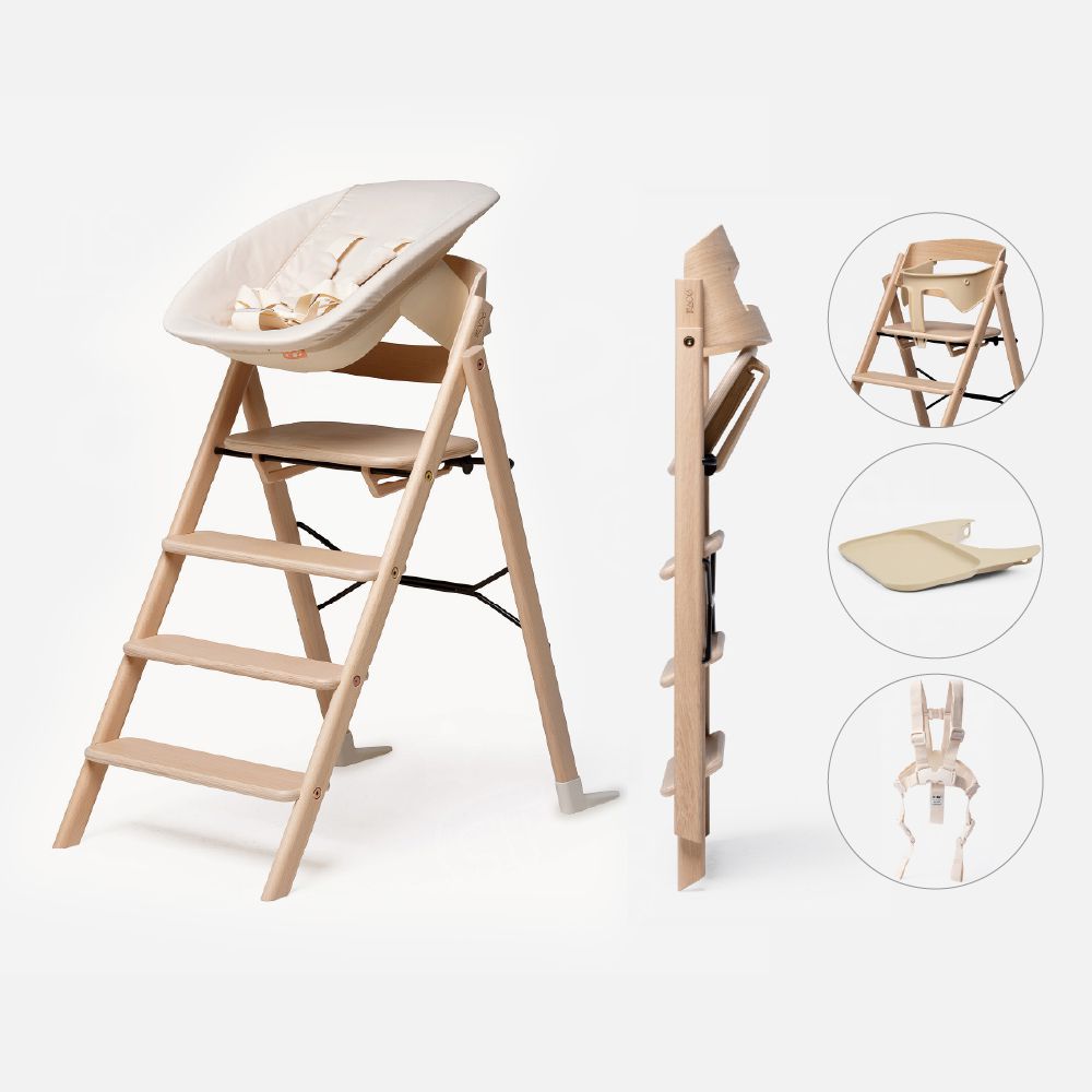 Klapp折疊成長餐椅新生兒經典組(頂級橡木)-主體＋嬰兒躺椅+護圍＋餐盤+安全帶 (自然木)