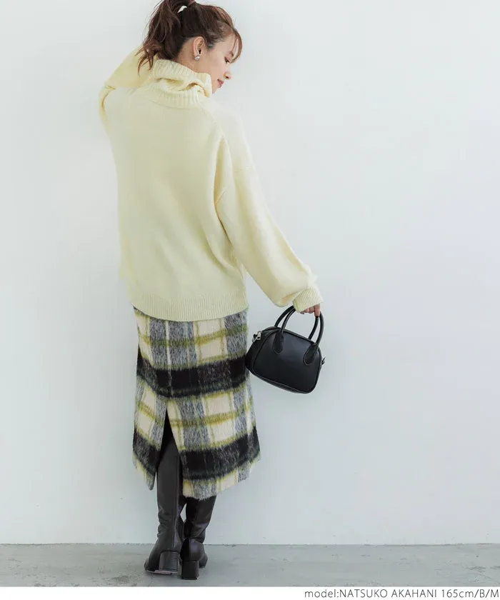 日本 COCA - 慵懶毛呢格紋鬆緊長裙-綠米