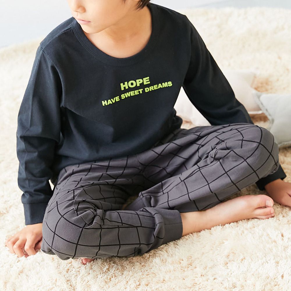 100%棉 高腰長袖家居服套裝-英文格子-黑系