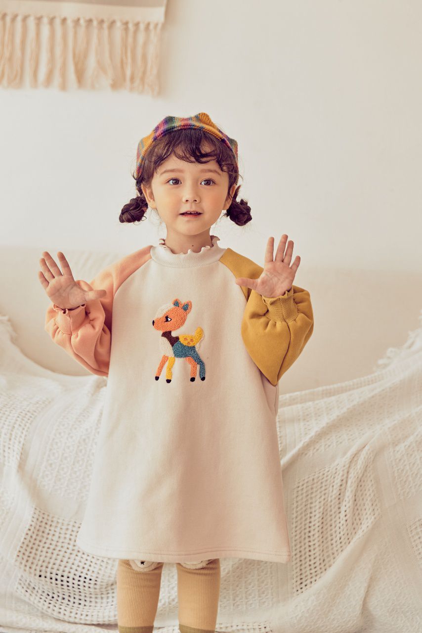 韓國 Mimico - (裏起毛)(附髮帶)立體小鹿拼接色泡泡袖洋裝