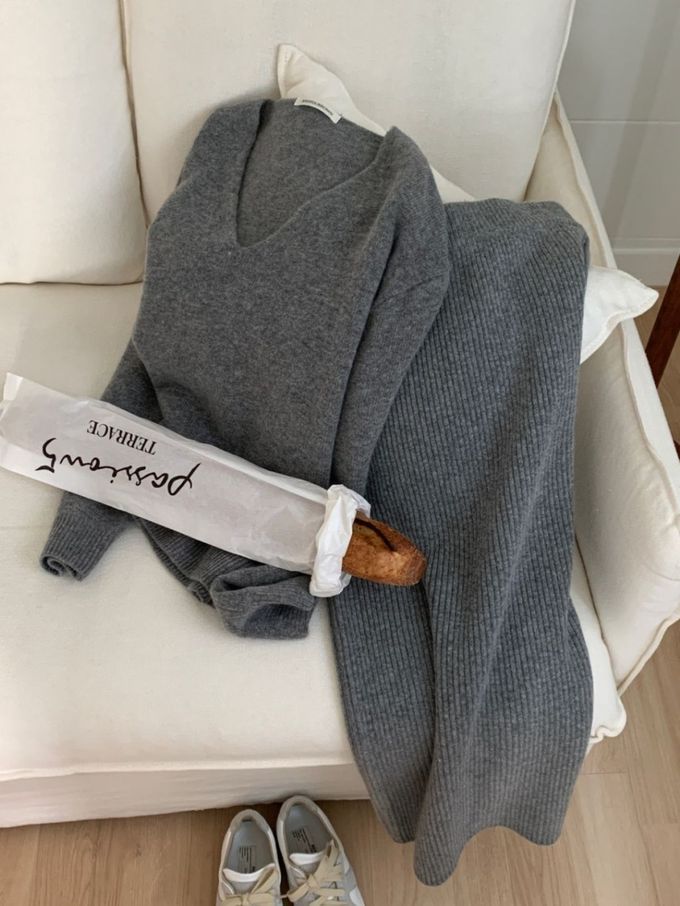 韓國女裝連線 - 彈性混羊毛坑條中長裙-灰 (FREE)