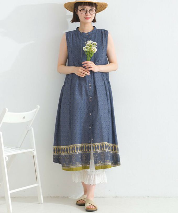 日本 Lupilien - 100%印度棉 清新印花柔軟洋裝-圖騰-深藍