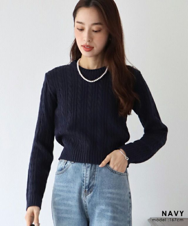 日本 BLUE EAST - 經典圓領麻花編針織上衣-灰綠