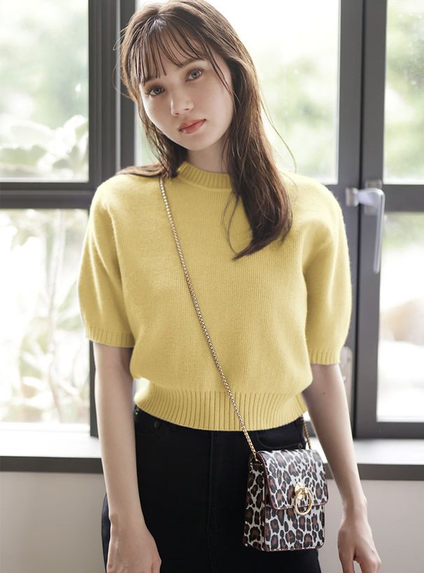 日本 GRL - 百搭短版五分袖針織上衣-淺橘