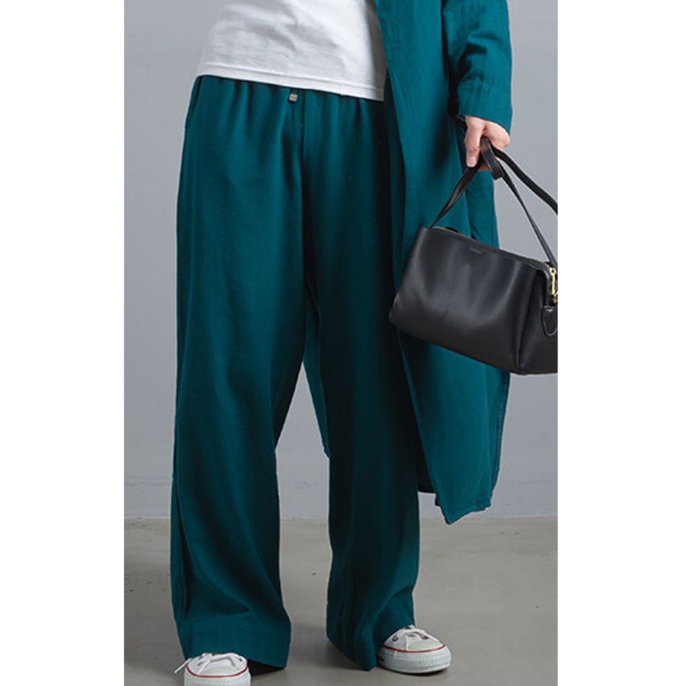 日本 OMNES - 棉麻綁帶垂墜感舒適寬褲-藍綠 (Free)