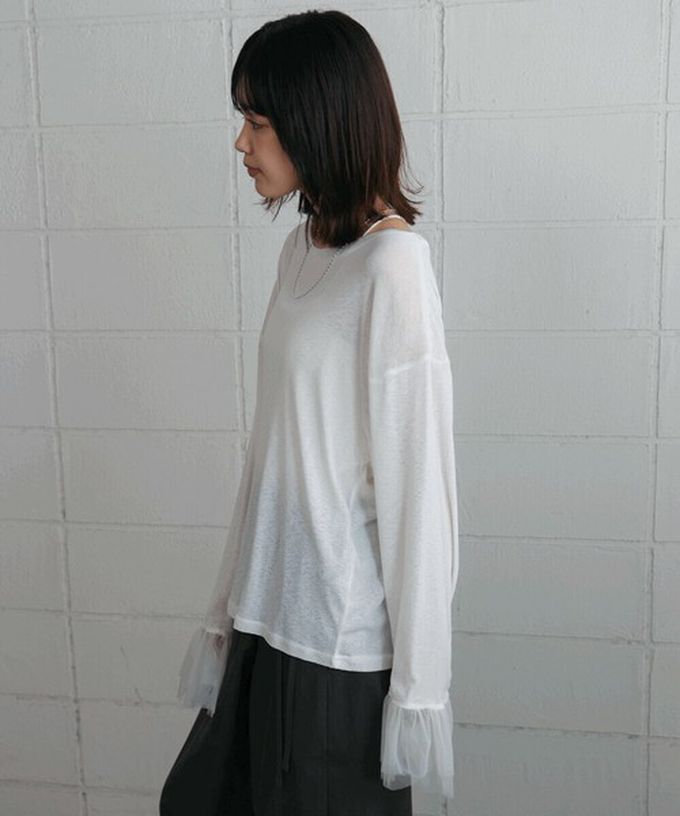 日本 Bab - 雙層薄紗拼接俏麗長袖上衣-黑