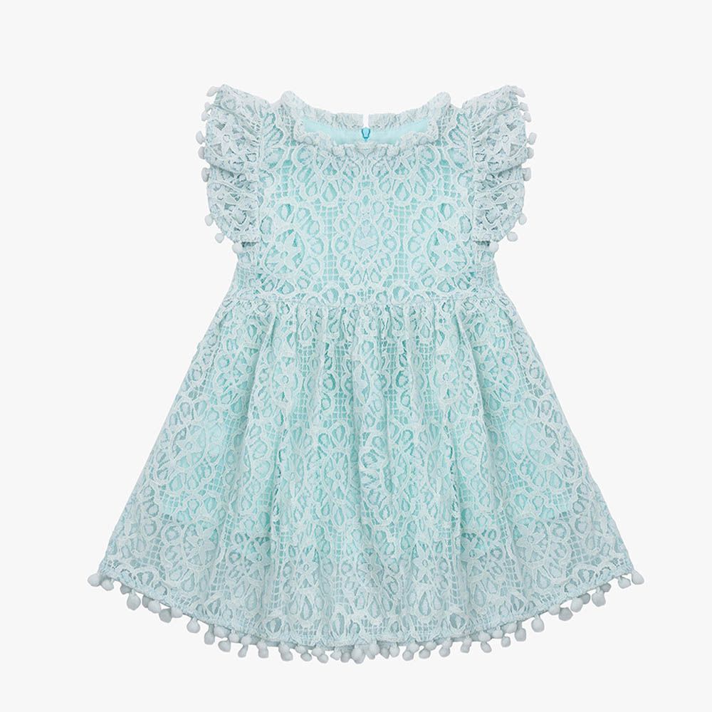 氣質簍空蕾絲小飛袖洋裝-藍色