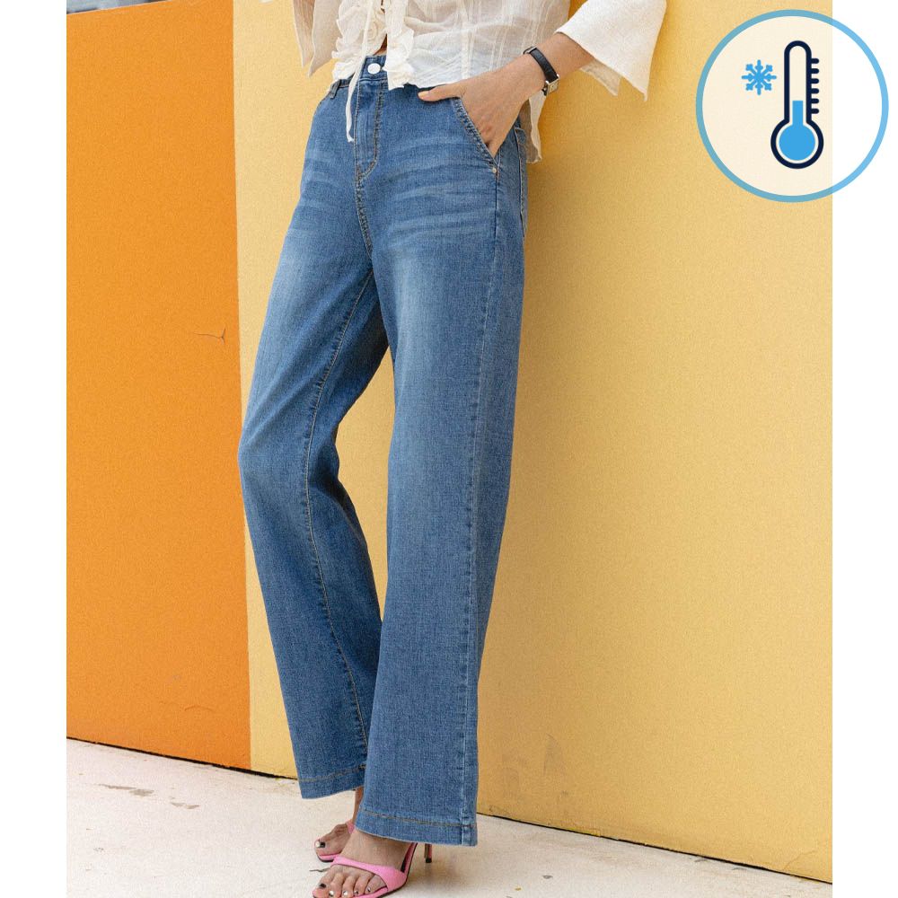 96PLACE -3度涼感鬆緊腰直筒寬褲-中青