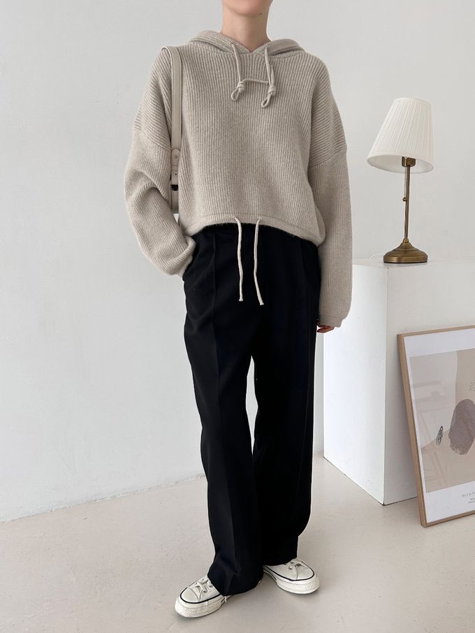 韓國女裝連線 - 連帽抽繩長袖針織上衣-米白 (FREE)