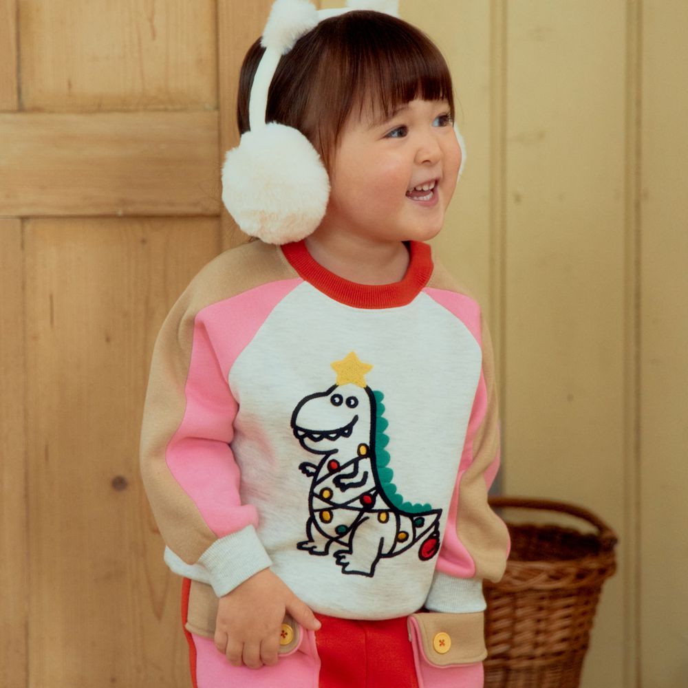 First Blue (內磨毛)恐龍燈飾拼色長袖大學T-紅領-燕麥