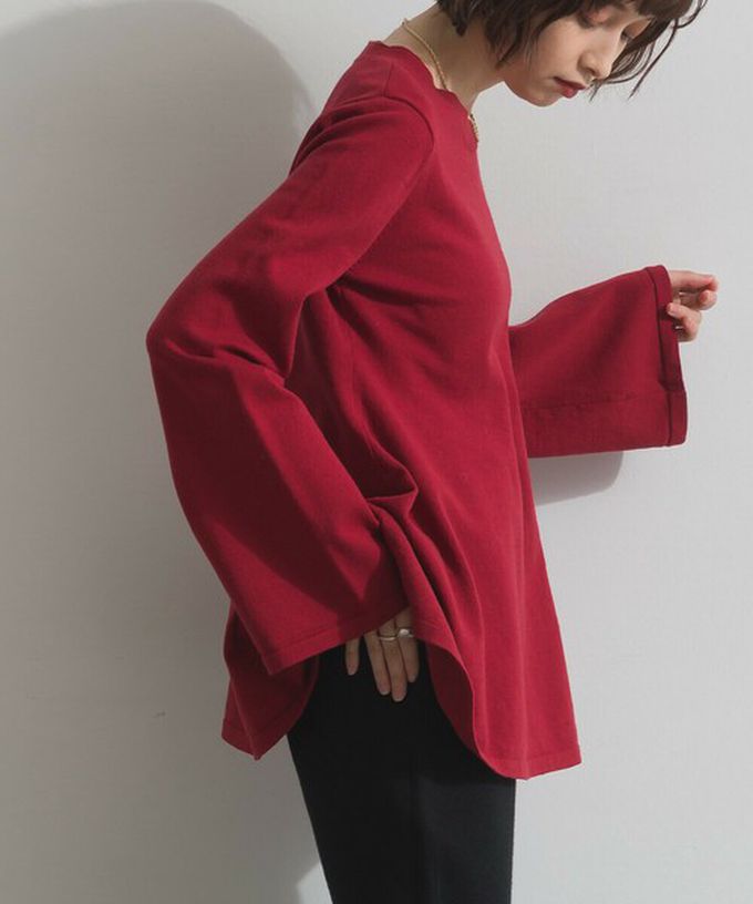 日本 ELENCARE DUE - 成熟傘擺腰線針織長袖上衣-紅