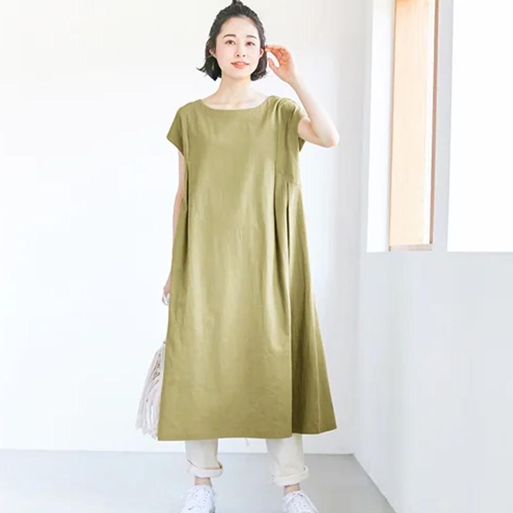 日本 BELLUNA - 純棉素面修身A字短袖洋裝-萊姆黃