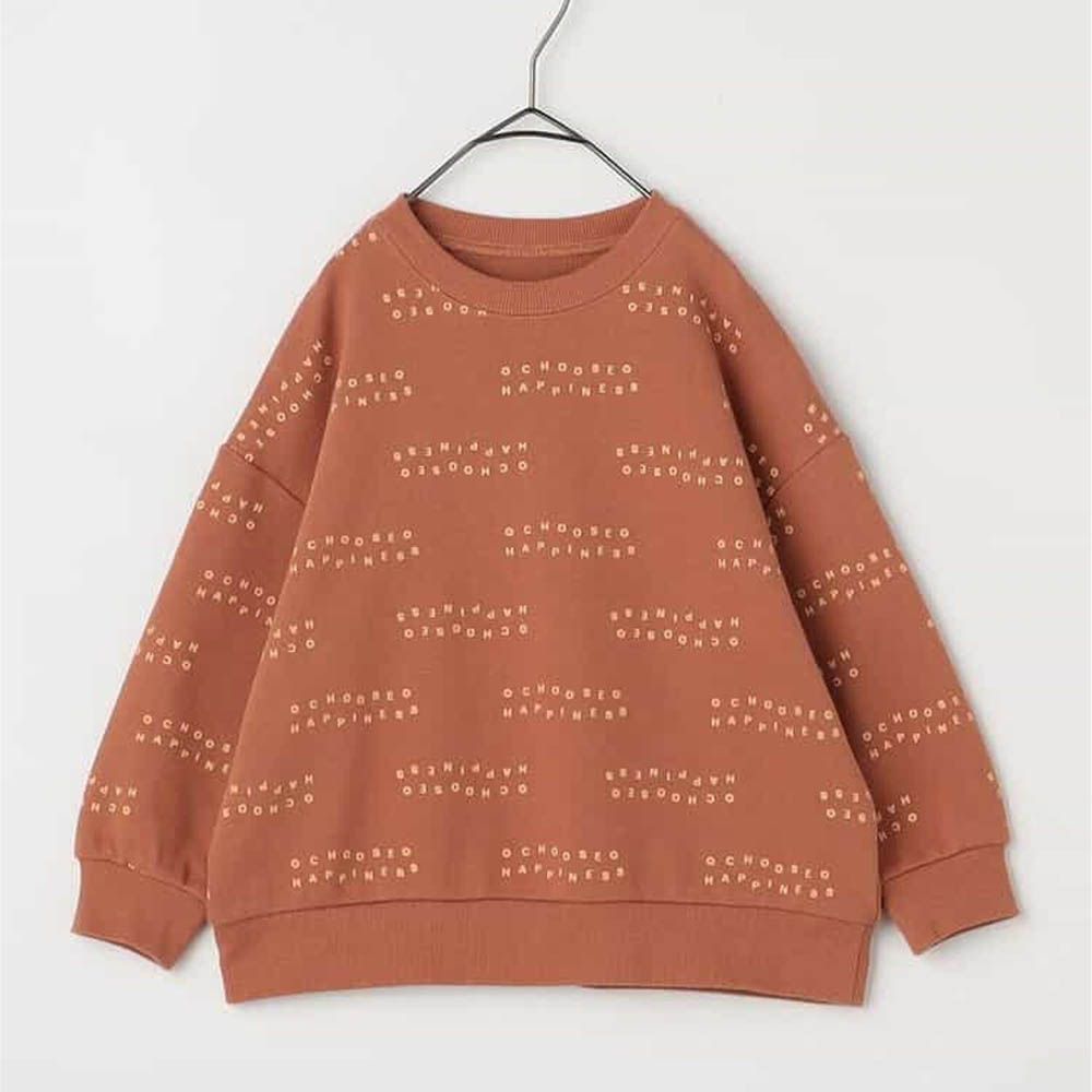 100%棉 繽紛感印花縮口長袖上衣-英文-咖啡