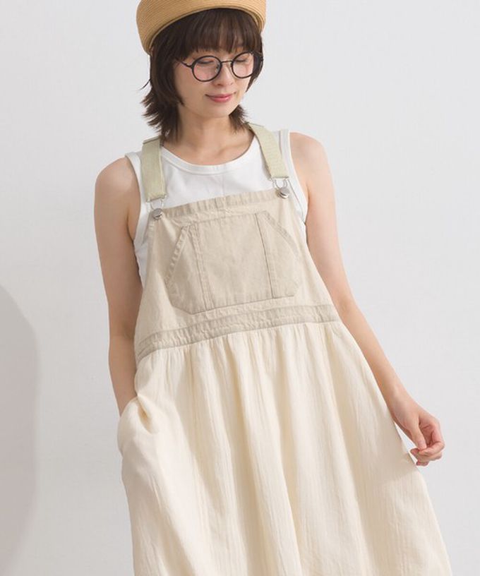 日本 Lupilien - 拼接風抽繩飄逸薄牛仔吊帶洋裝-黑灰系