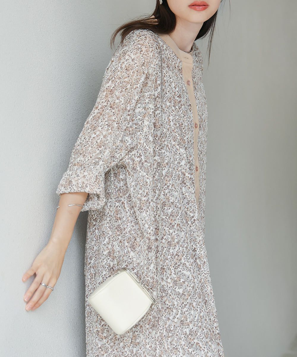 日本 Bab - 文藝浪漫碎花排扣洋裝-石英灰