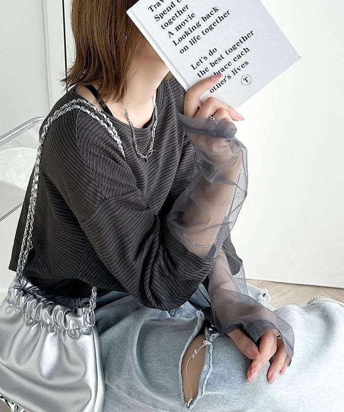 日本 Classical Elf - 寬鬆感薄紗拼接長袖上衣-指孔設計-黑