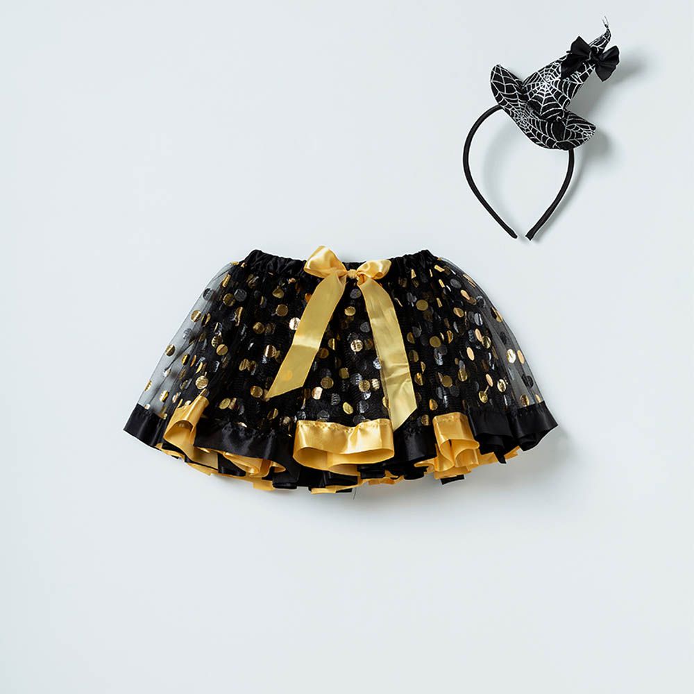 鬆緊腰點點亮片網紗蓬蓬裙(附尖帽)-黑X金 (Free)