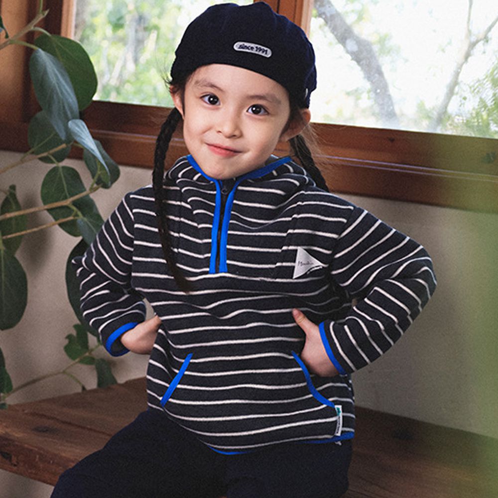 保暖加絨半開襟連帽長袖上衣-深灰條紋