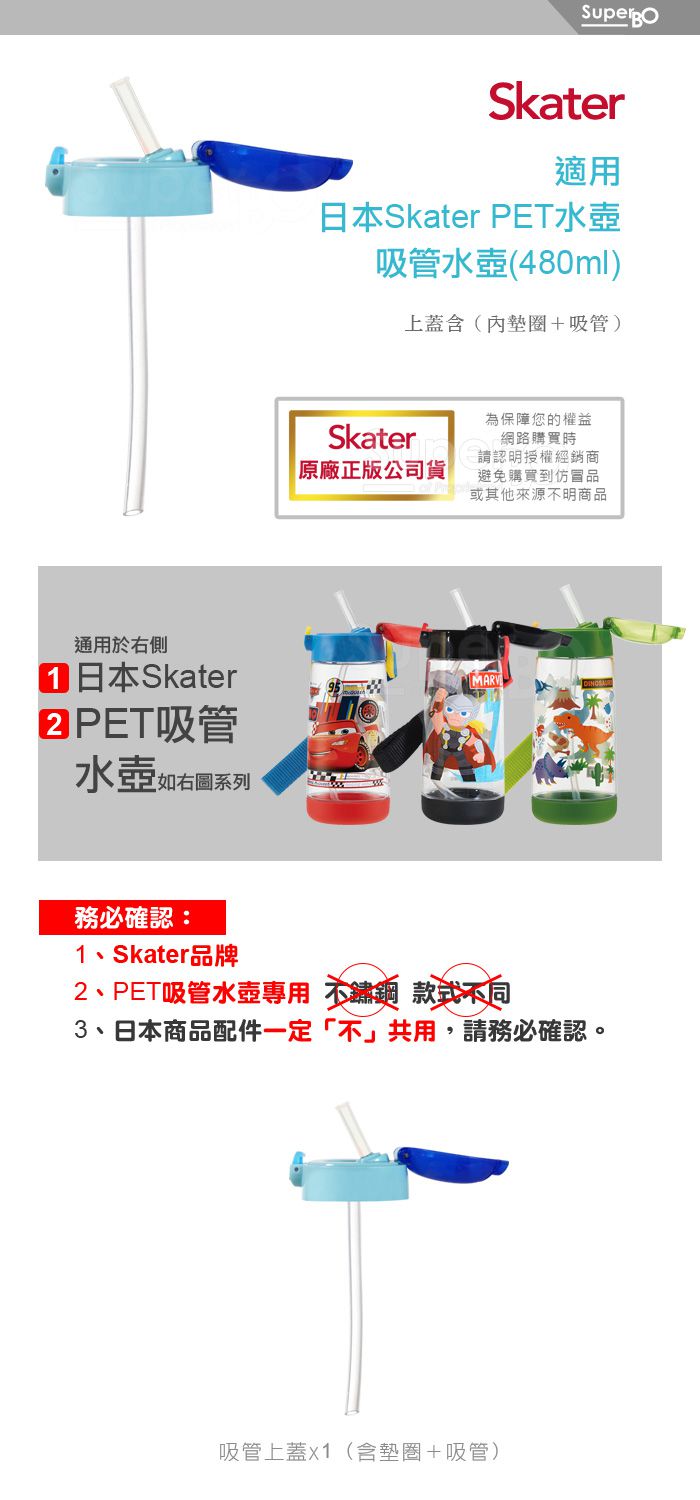 日本 SKATER - 兒童PET吸管水壺(480ml)-吸管上蓋-藍