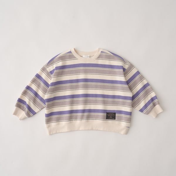 日本 b-ROOM - 裏起毛亮色系大落肩條紋上衣-黑灰系