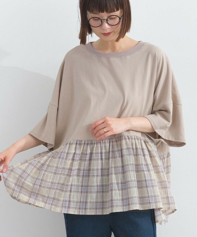 日本 Lupilien - 接觸涼感 可愛格紋休閒五分袖上衣-橘