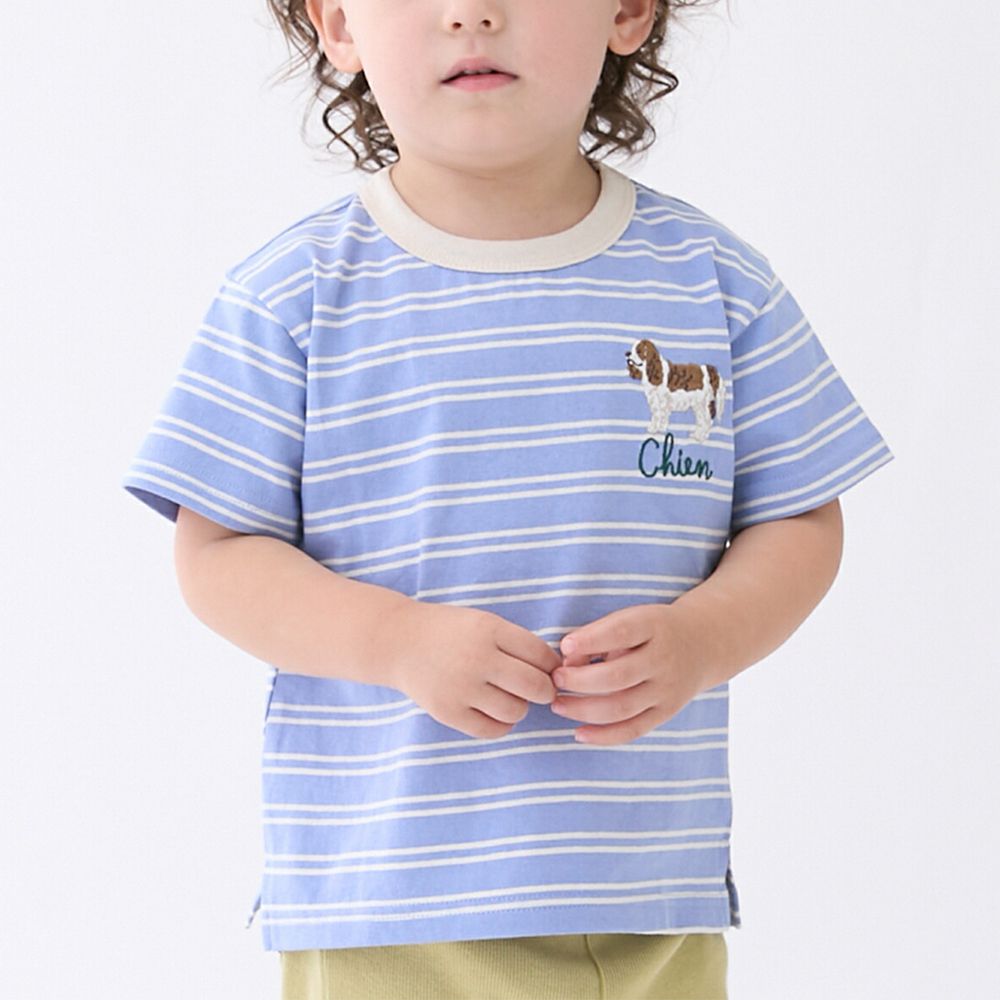 100%棉 可愛百搭短袖上衣-條紋小狗-紫