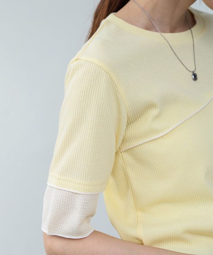 日本 Bab - 柔美線條羅紋異材質短袖上衣-卡其 (M)