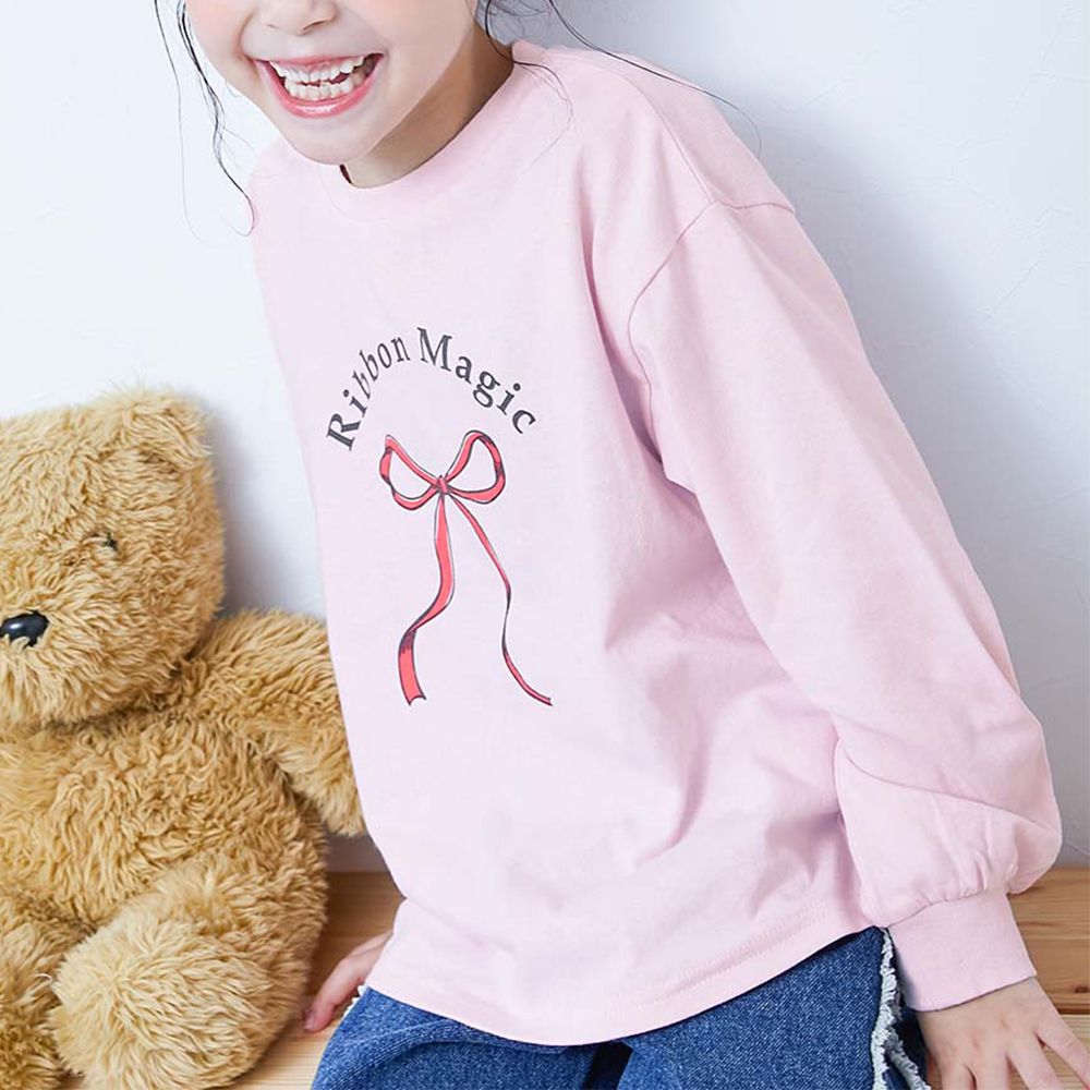 100%棉 圓弧下擺印花長袖T恤-緞帶-櫻花粉