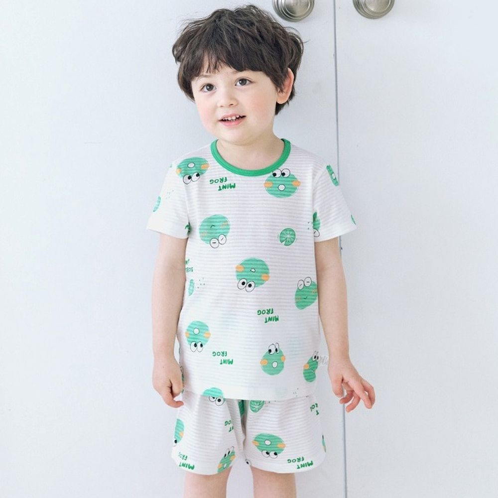 透氣條紋提花棉短袖家居服-圓圓青蛙-白X綠