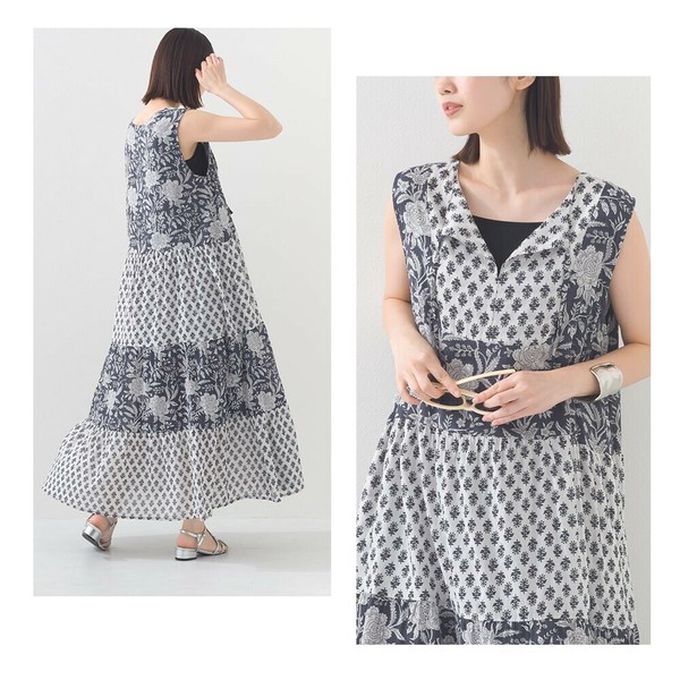 日本 OMNES - 100%印度棉 奢華印花流蘇無袖洋裝-紫