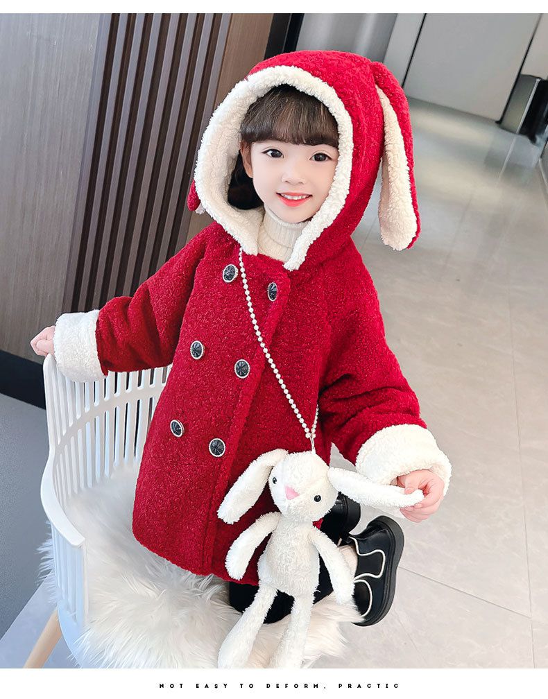 加厚毛絨造型長版外套-兔子耳朵-紅色-(送兔子配飾)
